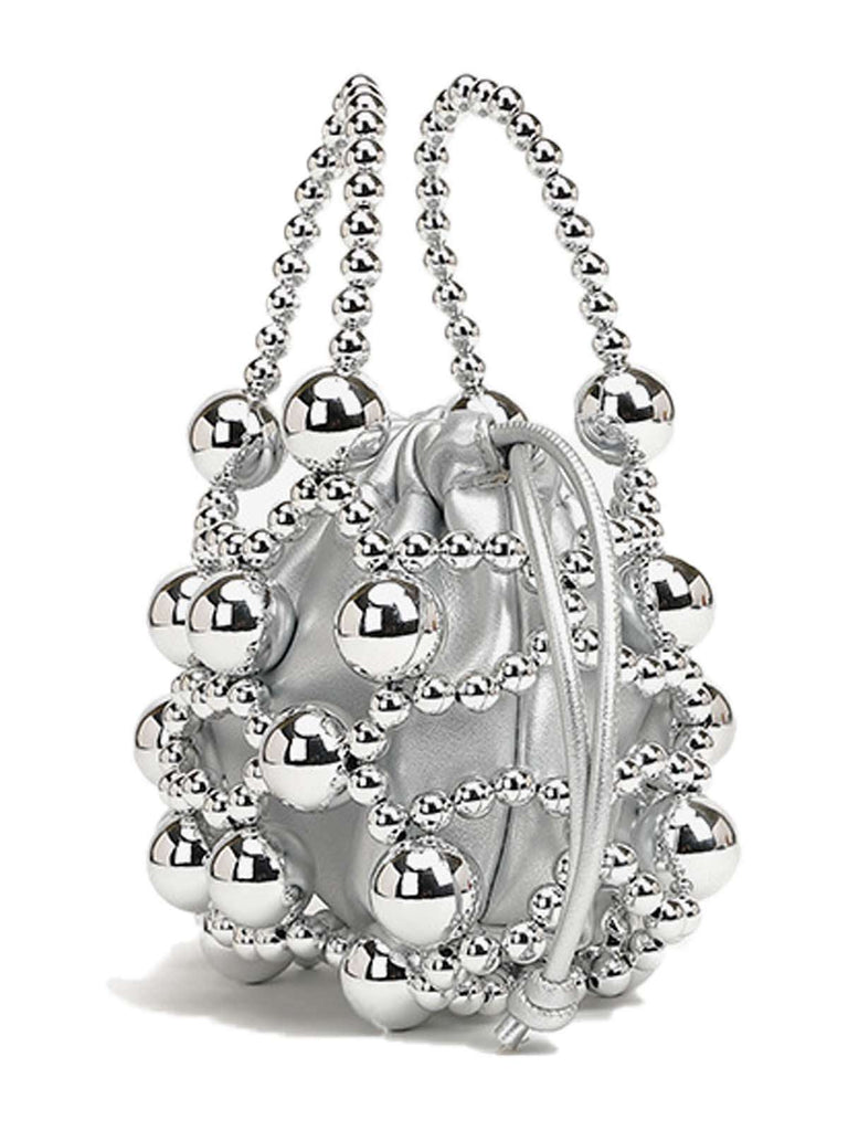 Mini sac seau à cordon de serrage et perles métalliques