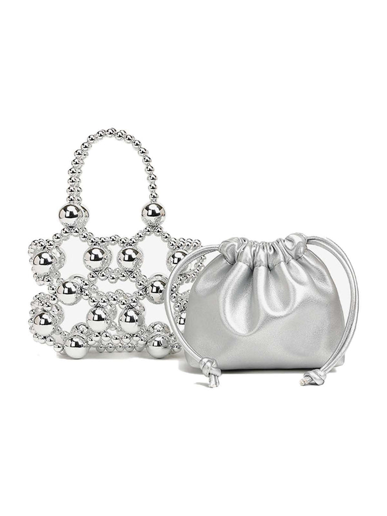 Mini sac seau à cordon de serrage et perles métalliques