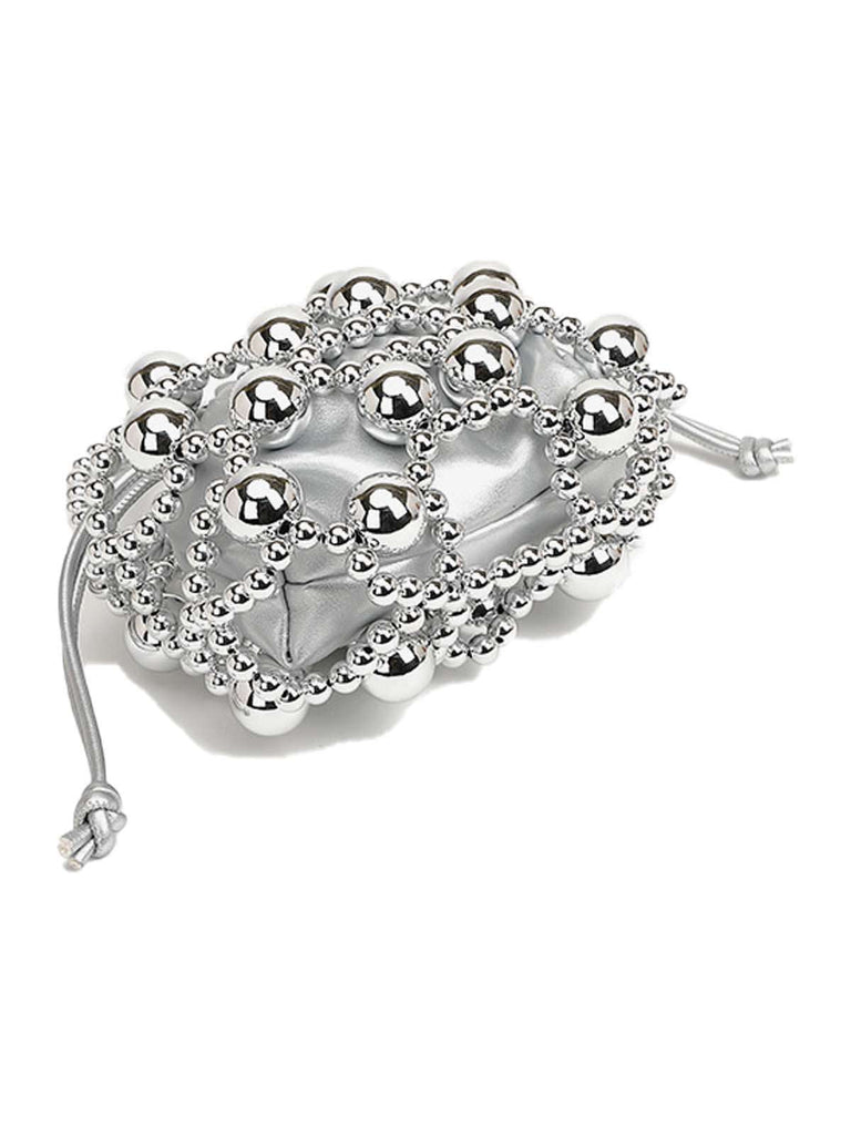Mini sac seau à cordon de serrage et perles métalliques