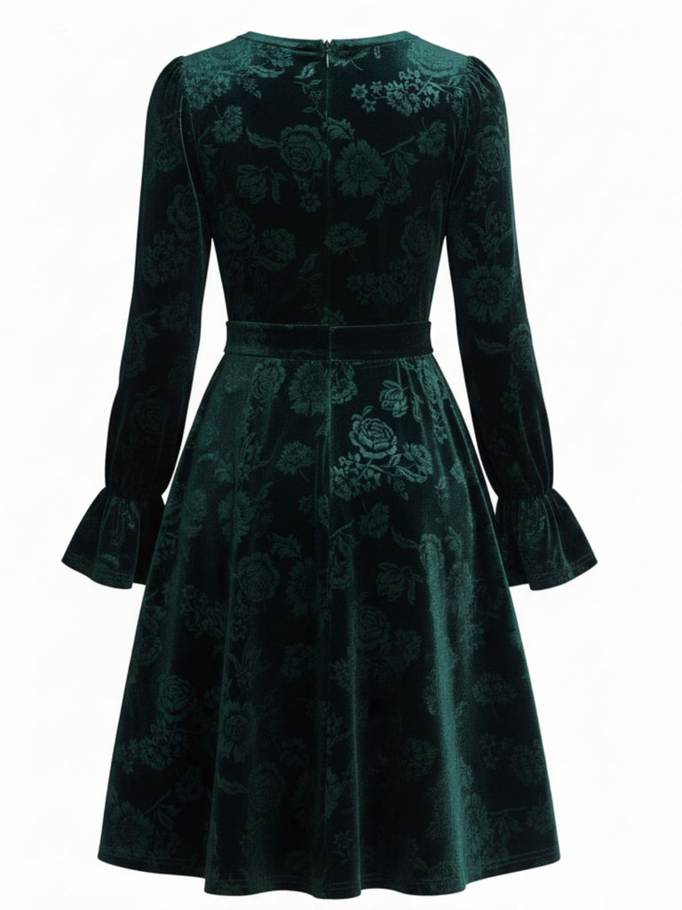 Robe en velours vert à imprimé roses et jacquard années 1960