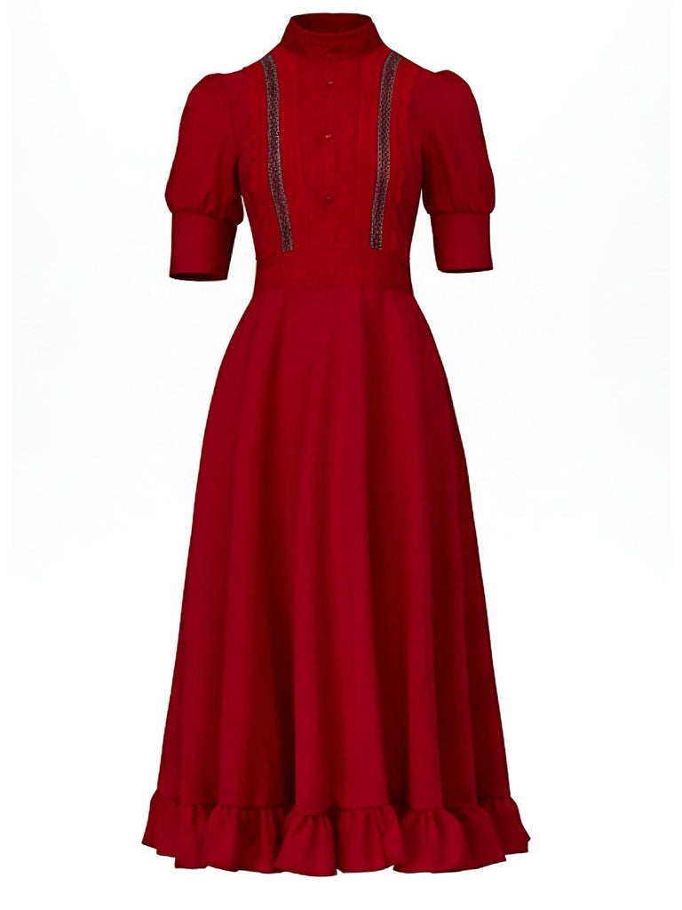 Robe rouge à volants en dentelle X-Prequel perlée des années 1940