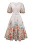 Robe multicolore à fleurs col en V manches lanternes années 1950