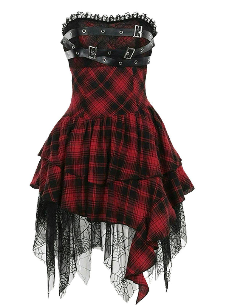 Robe bustier rouge en maille tartan des années 1970