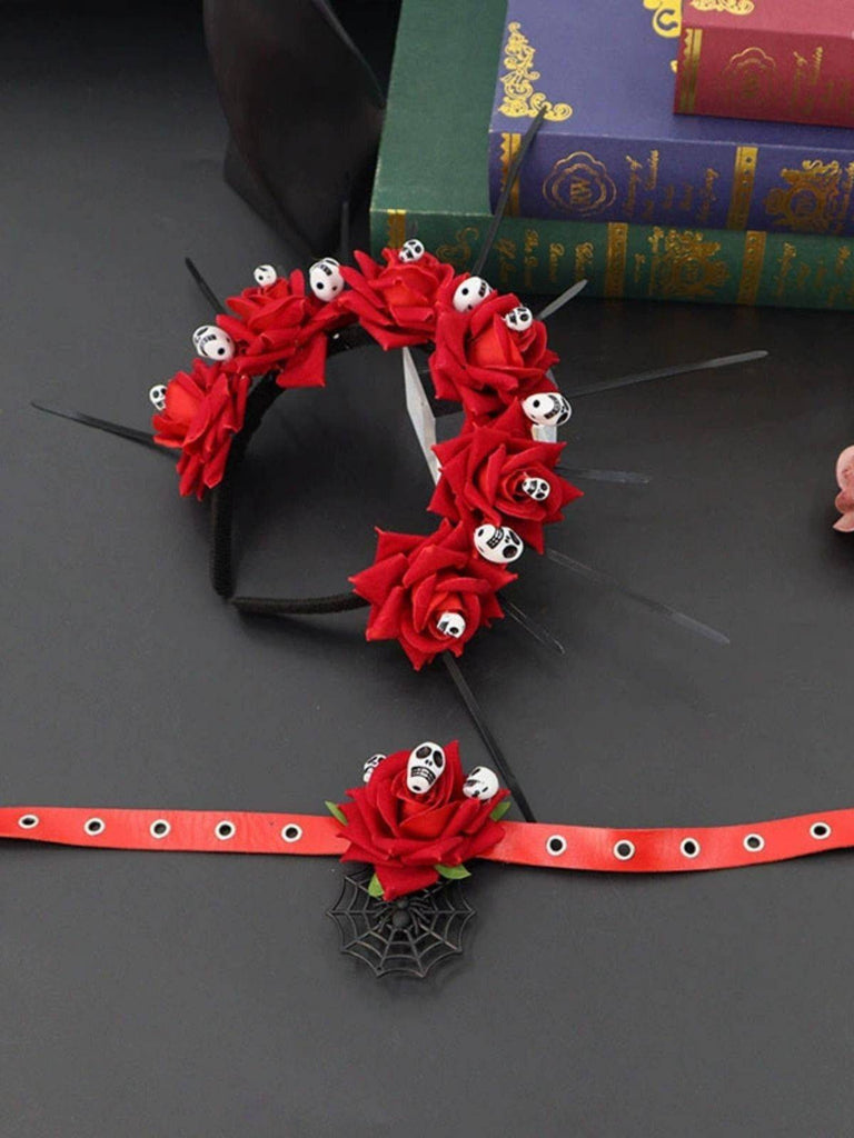 Bandeau et collier gothiques d'Halloween avec tête de mort et rose