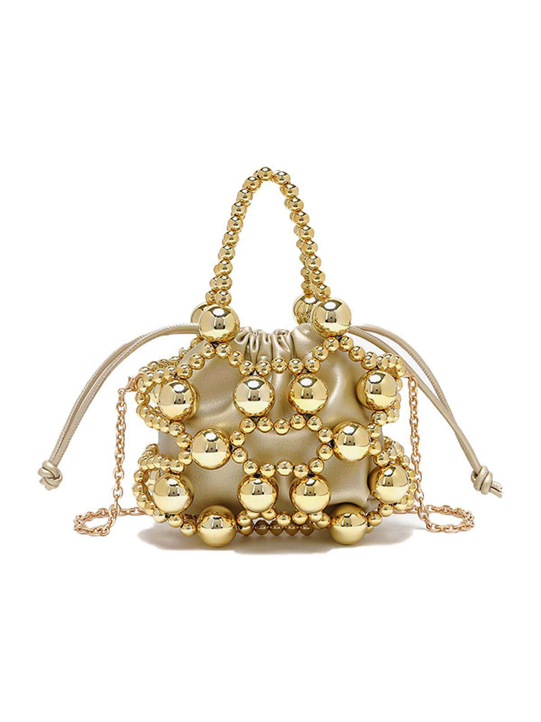 Mini sac seau à cordon de serrage et perles métalliques