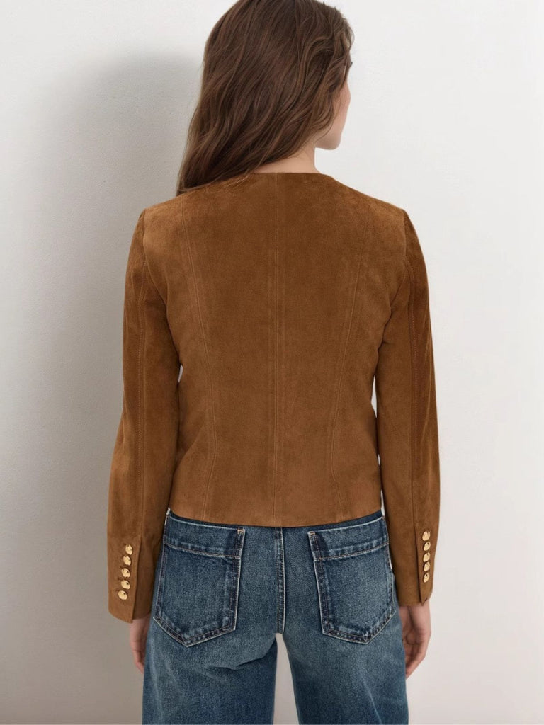 Veste à poches boutonnées en daim marron des années 1970