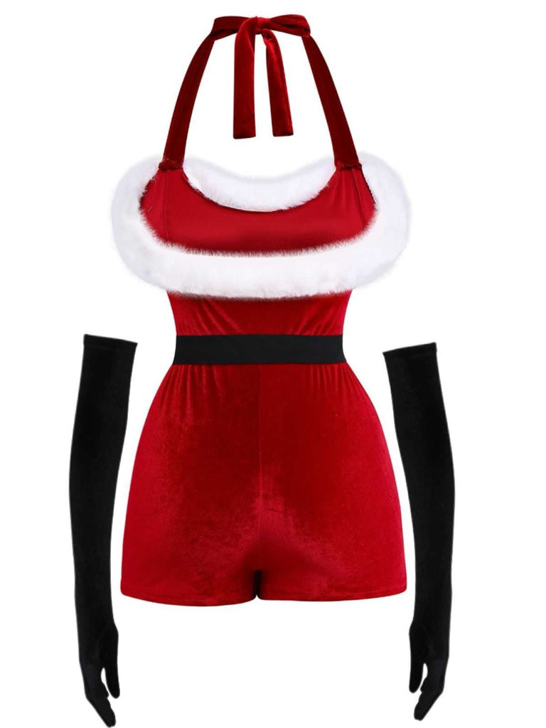 Ensemble barboteuse dos nu en velours et fausse fourrure de Noël des années 1970