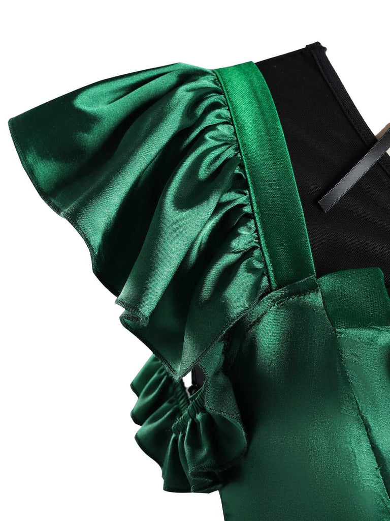 Ensemble de costumes en satin vert inspiré de Mercredi Addams des années 1950