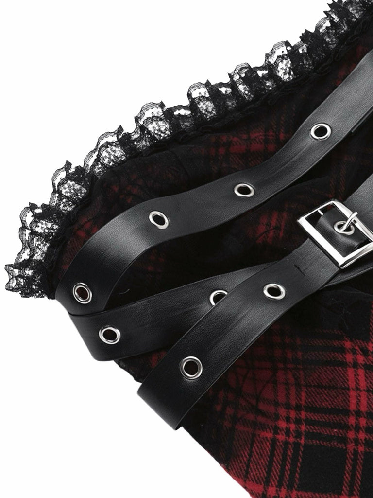 Robe bustier rouge en maille tartan des années 1970