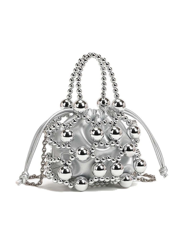 Mini sac seau à cordon de serrage et perles métalliques