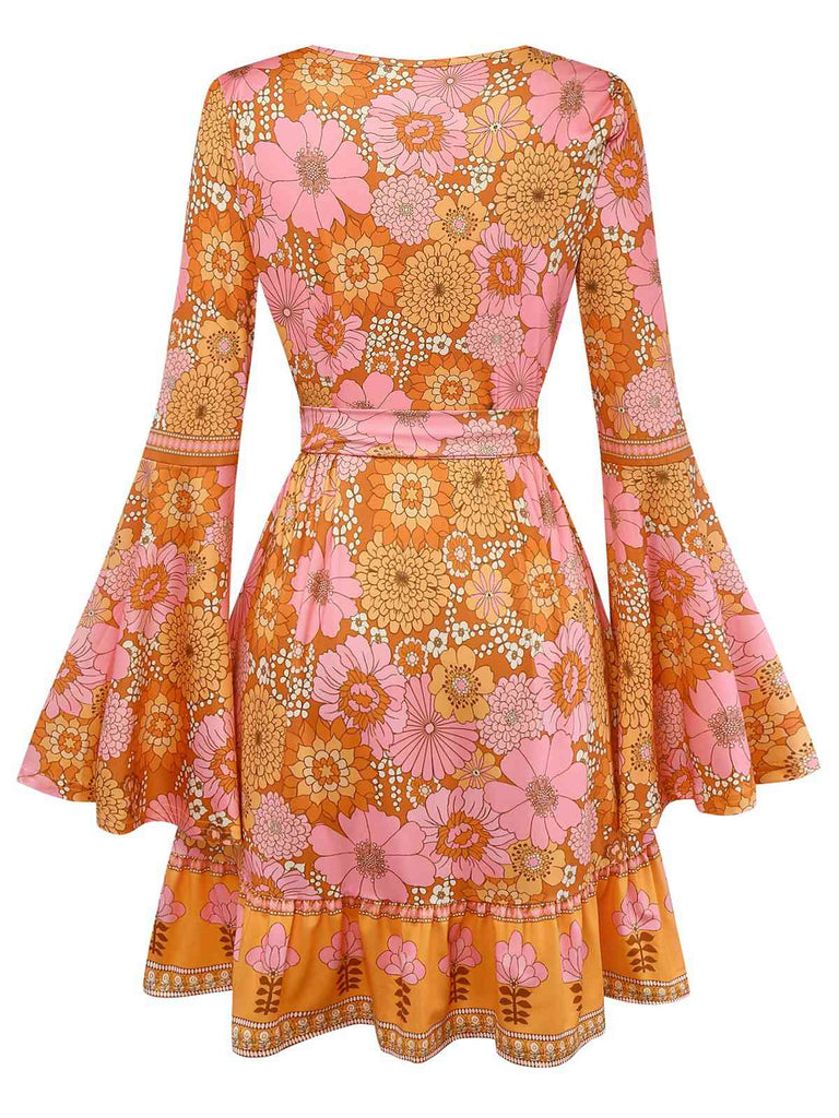 Robe fleurie orange hippie manches cloche des années 1960