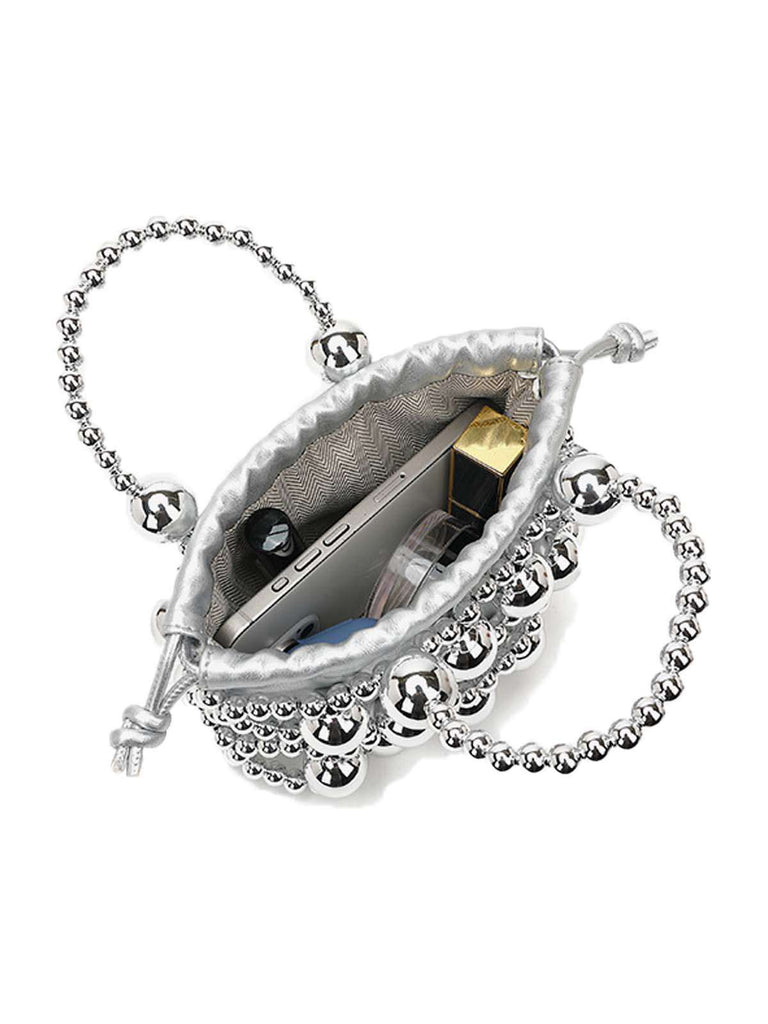 Mini sac seau à cordon de serrage et perles métalliques