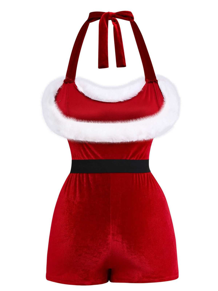 Ensemble barboteuse dos nu en velours et fausse fourrure de Noël des années 1970