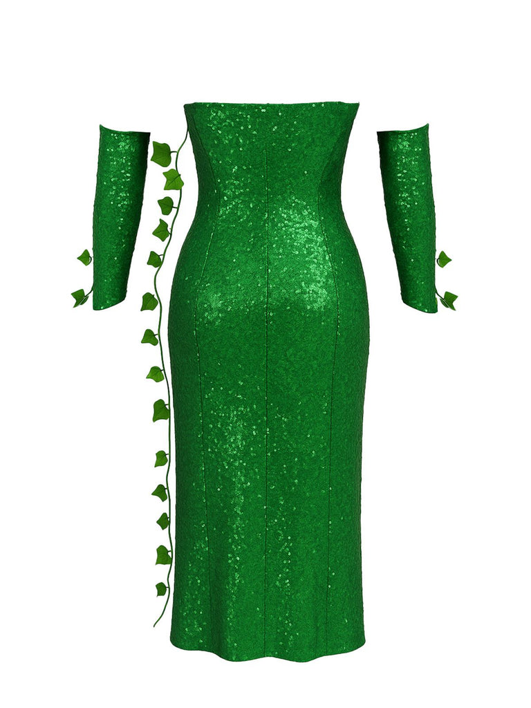 Ensemble bandeau à feuilles multiples et robe à paillettes vert années 1970