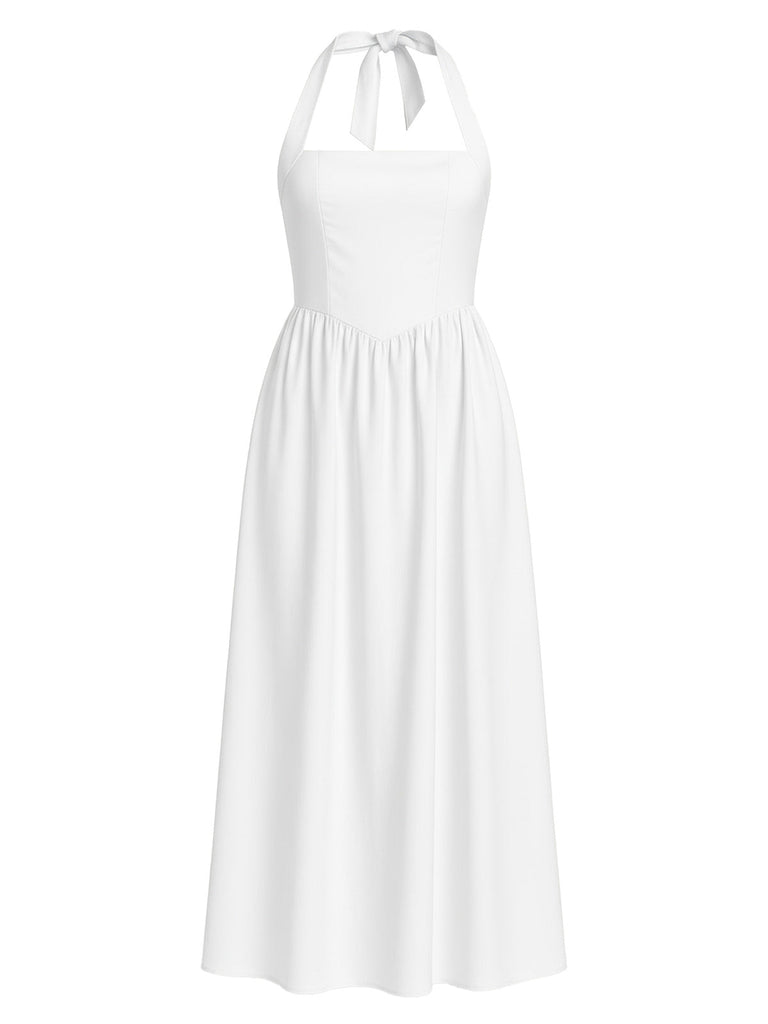 Robe à col licou unie à bretelles larges années 1940