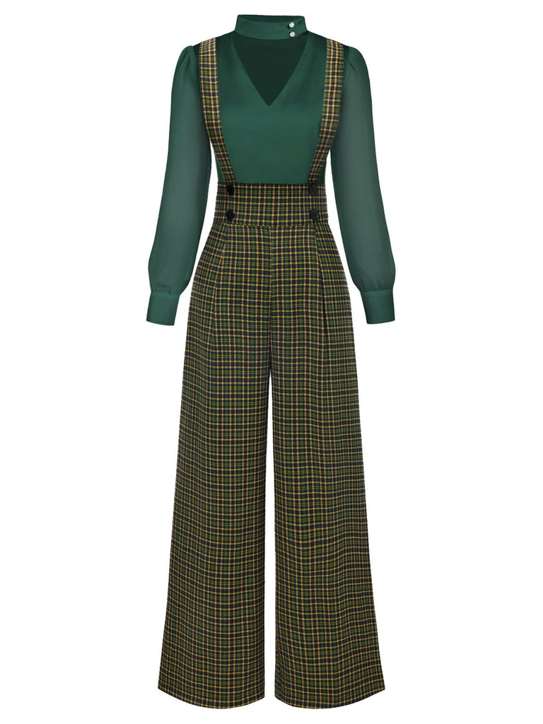 Chemisier à manches bouffantes satin et pantalon bretelles carreaux vert années 1940