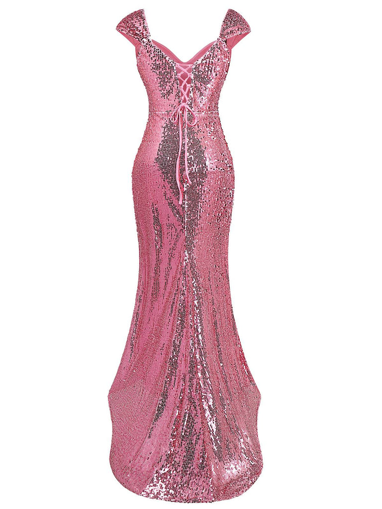 Robe longue de sirène rose à paillettes fente haute des années 1920
