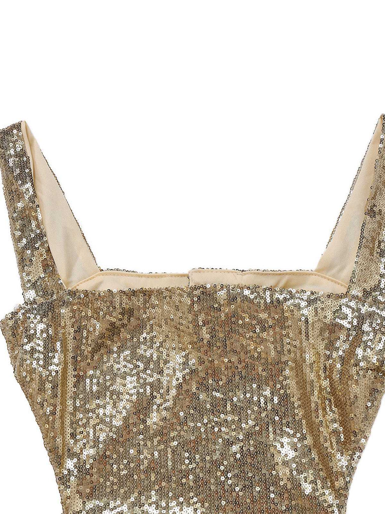 Robe longue de soirée dos nu à paillettes dorées des années 1920