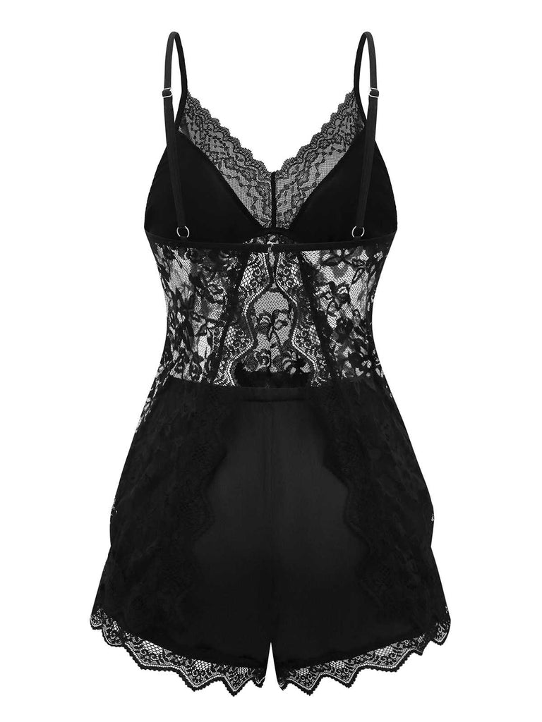 Pyjama noir à fleurs en dentelle des années 1950