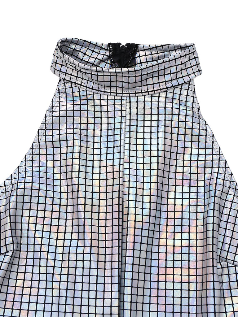 Combinaison métallique sans manches disco argentée des années 1970