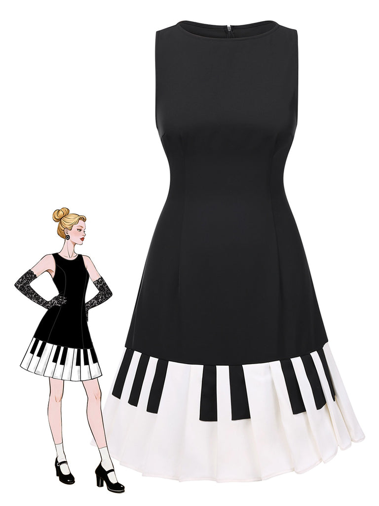 Robe noire patchwork à col bateau et touches de piano des années 1960