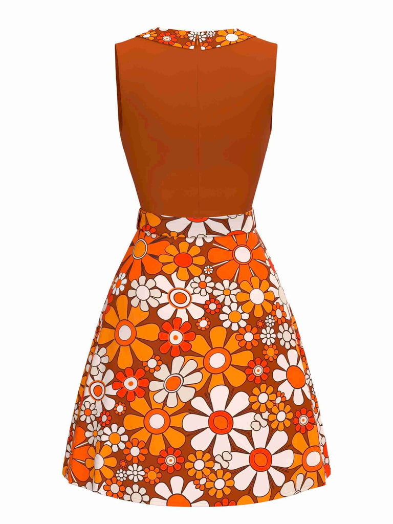 Robeà fleurs bohème psychédélique orange avec ceinture années 1960