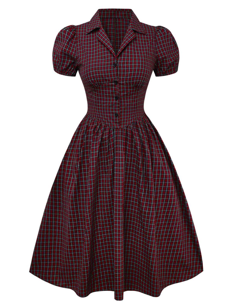 Robe rouge en coton à carreaux et revers années 1950