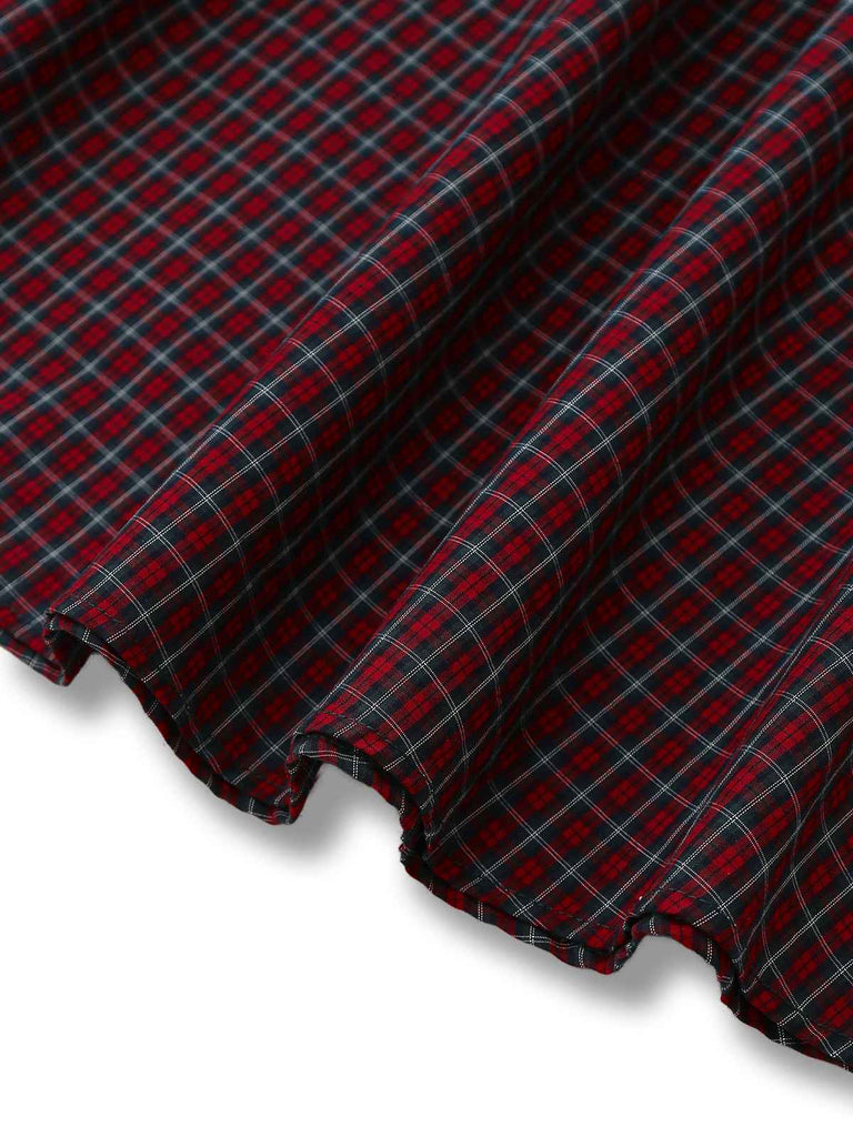 Robe rouge en coton à carreaux et revers années 1950