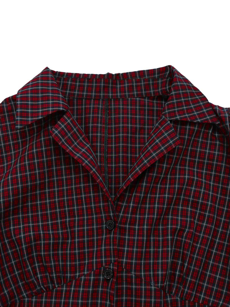 Robe rouge en coton à carreaux et revers années 1950