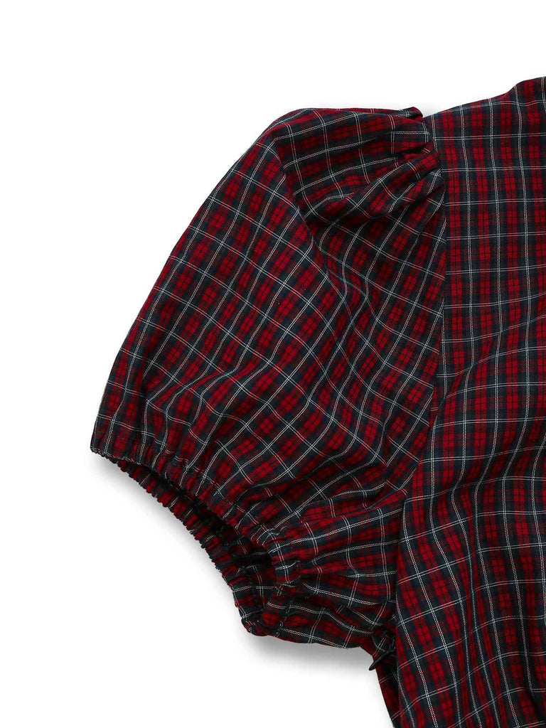 Robe rouge en coton à carreaux et revers années 1950