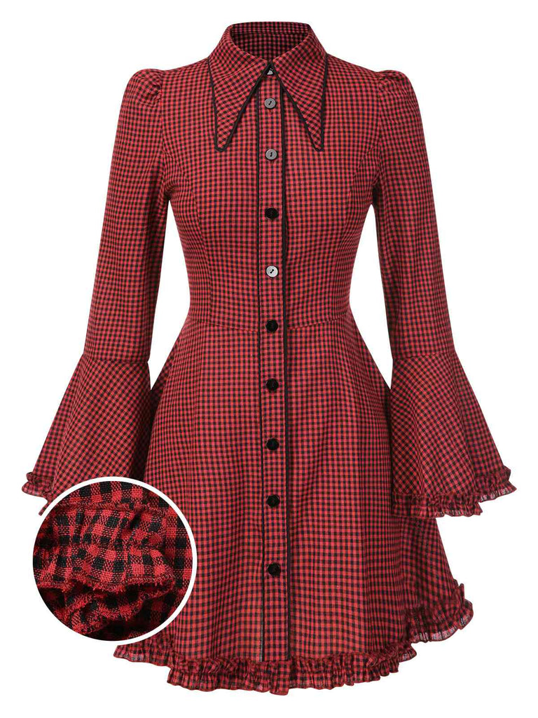Robe rouge gothique à carreaux manches cloche à lacets des années 1960