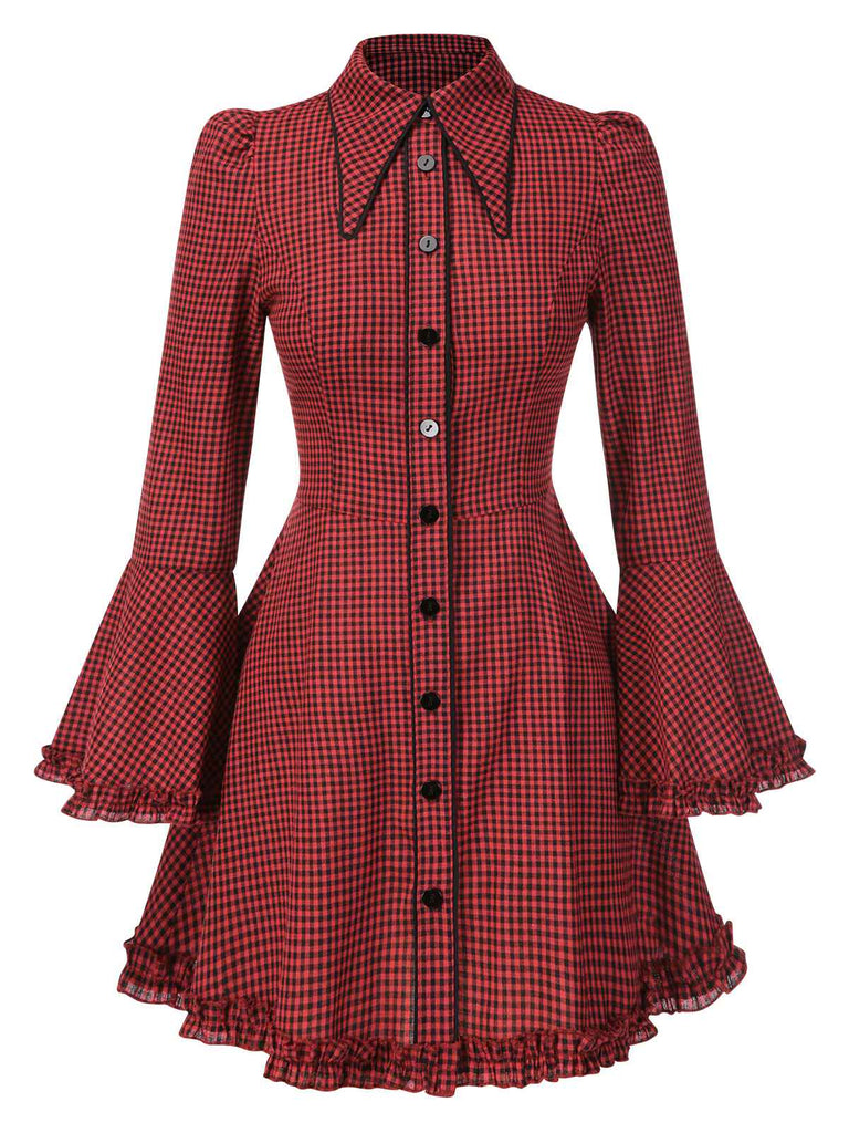 Robe rouge gothique à carreaux manches cloche à lacets des années 1960