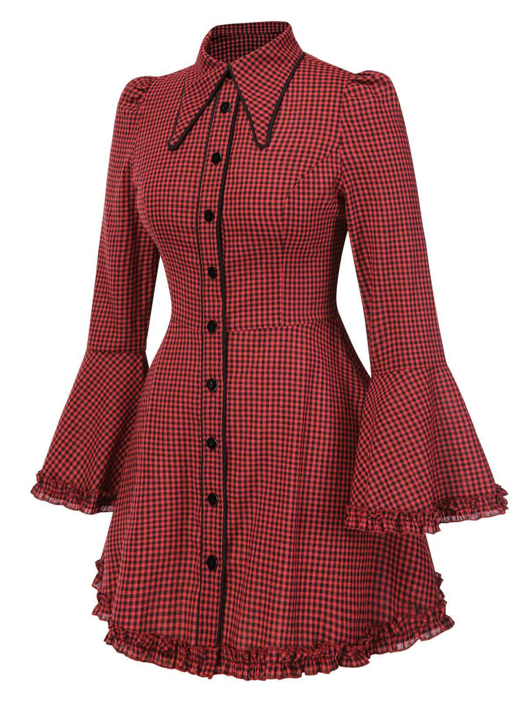 Robe rouge gothique à carreaux manches cloche à lacets des années 1960
