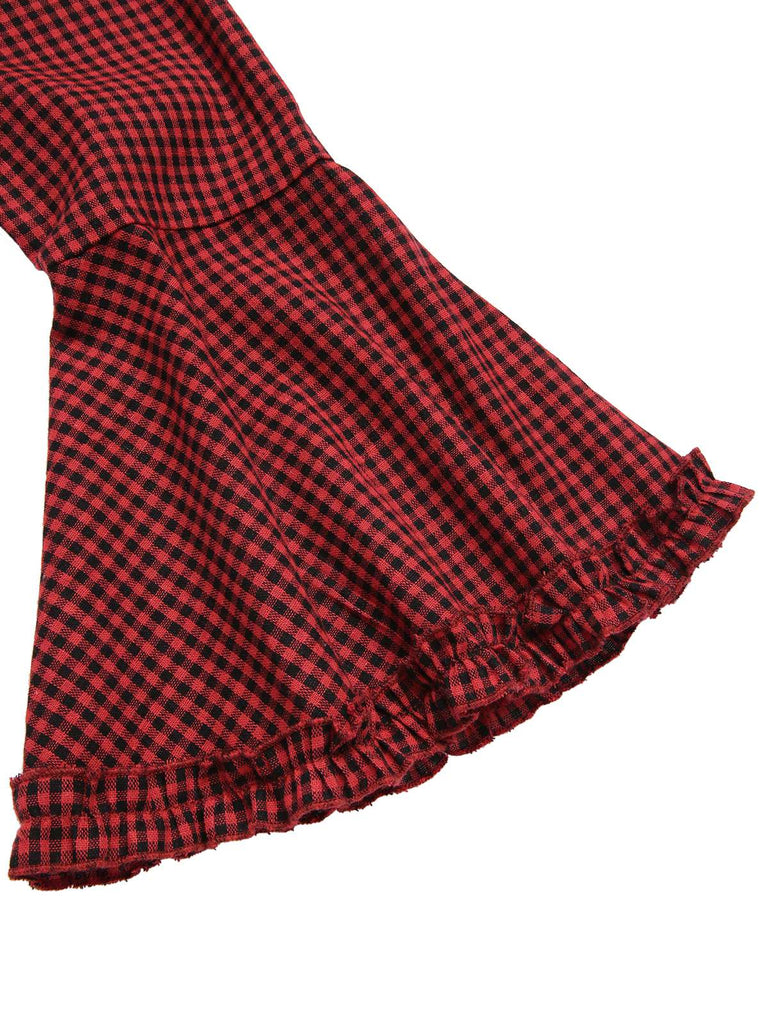 Robe rouge gothique à carreaux manches cloche à lacets des années 1960