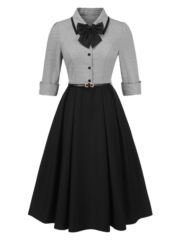 Robe pied-de-poule à col nœud amovible années 1950