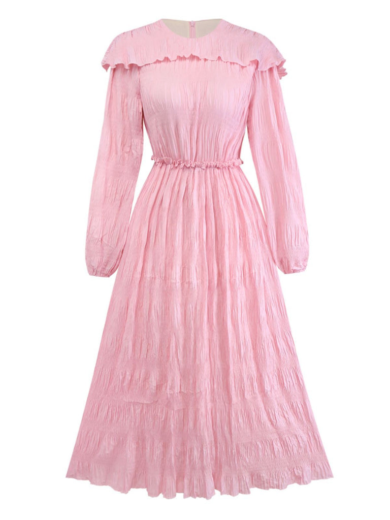 Robe rose plissée à col à volants années 1950