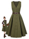 Robe gilet verte à col en V et poches ceinturée des années 1950