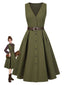 Robe gilet verte à col en V et poches ceinturée des années 1950