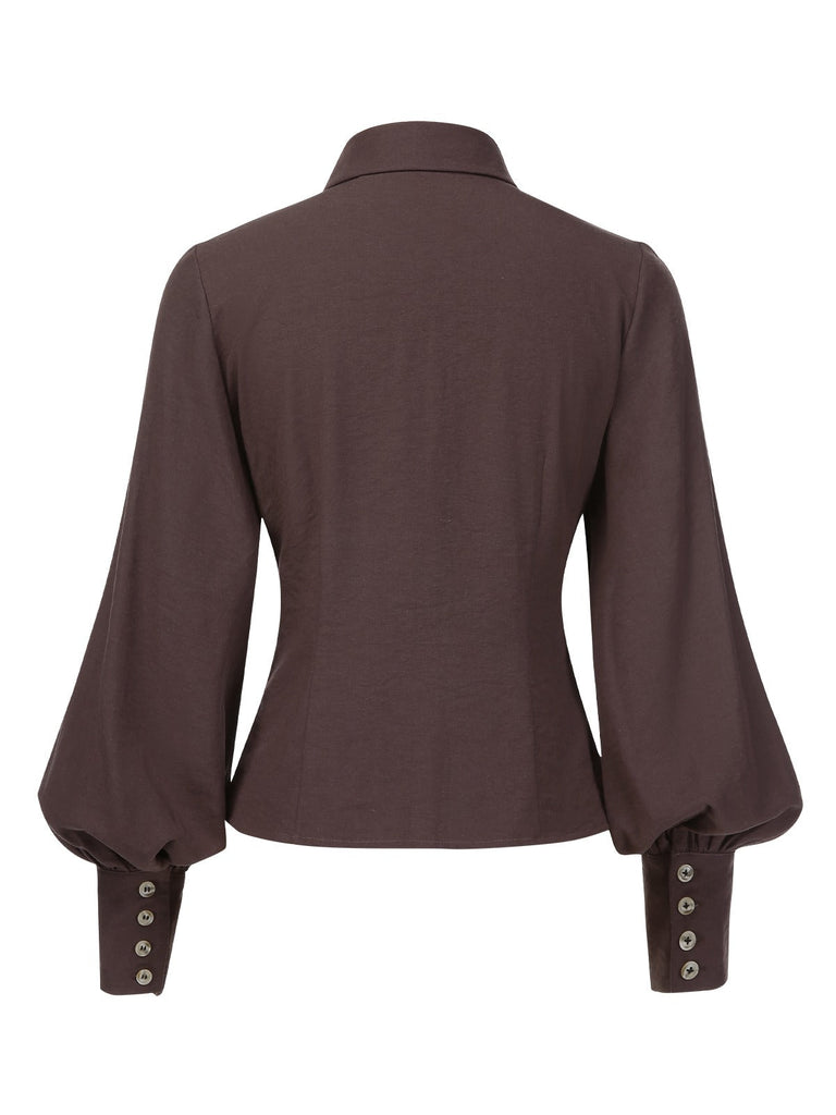 Chemisier marron uni à manches lanternes et revers des années 1950