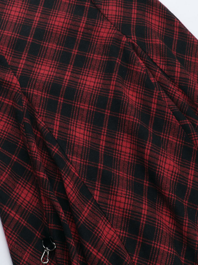 Jupe écossaise rouge à ourlet haut-bas des années 1980