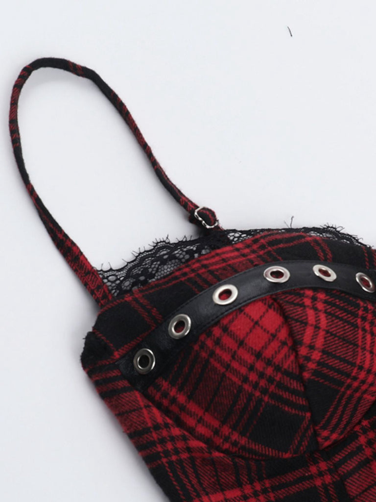 Caraco smocké en dentelle et cuir à carreaux style punk rouge des années 1970