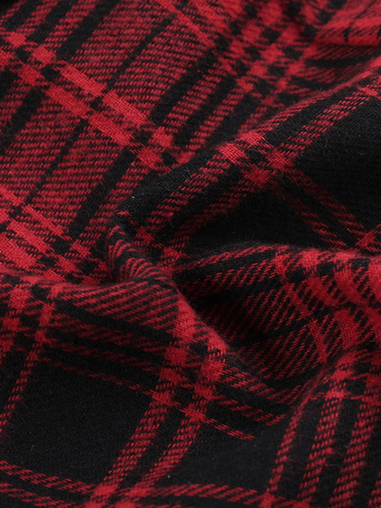 Caraco smocké en dentelle et cuir à carreaux style punk rouge des années 1970