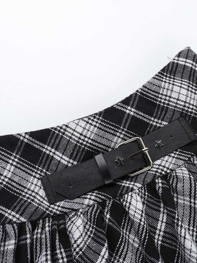 Jupe à carreaux écossais en patchwork de dentelle steampunk grise des années 1980