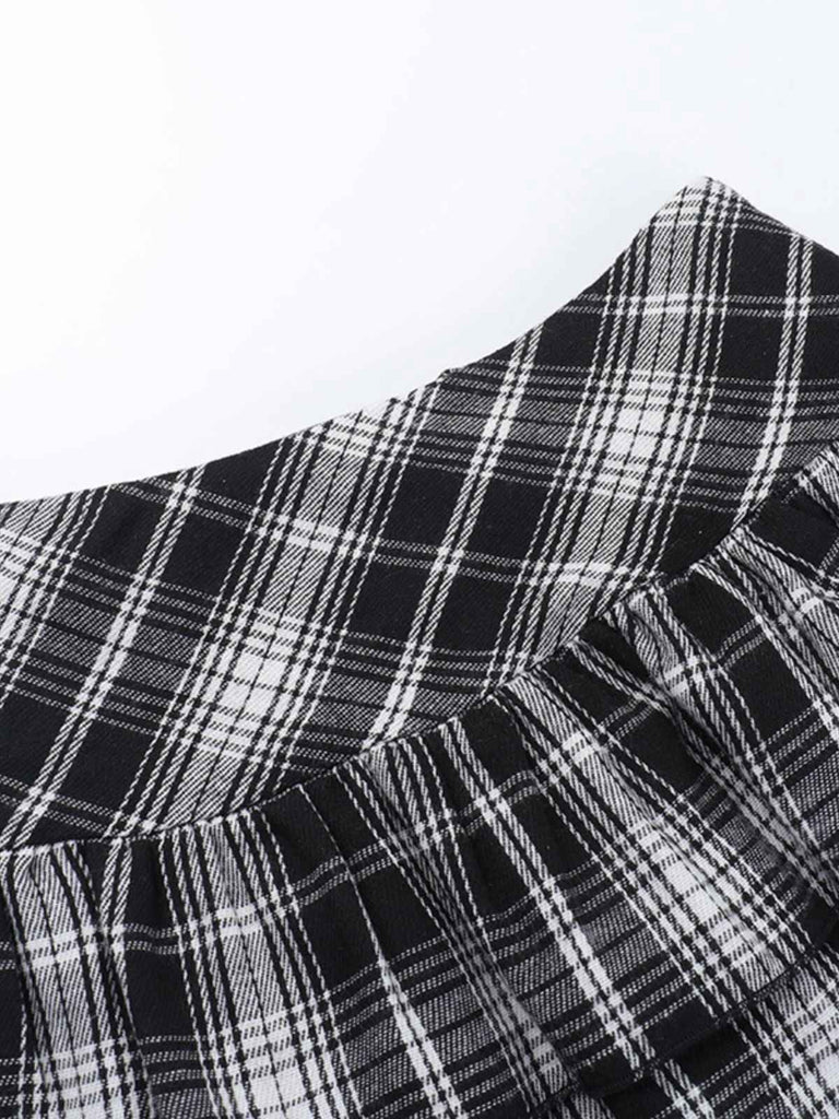 Jupe à carreaux écossais en patchwork de dentelle steampunk grise des années 1980