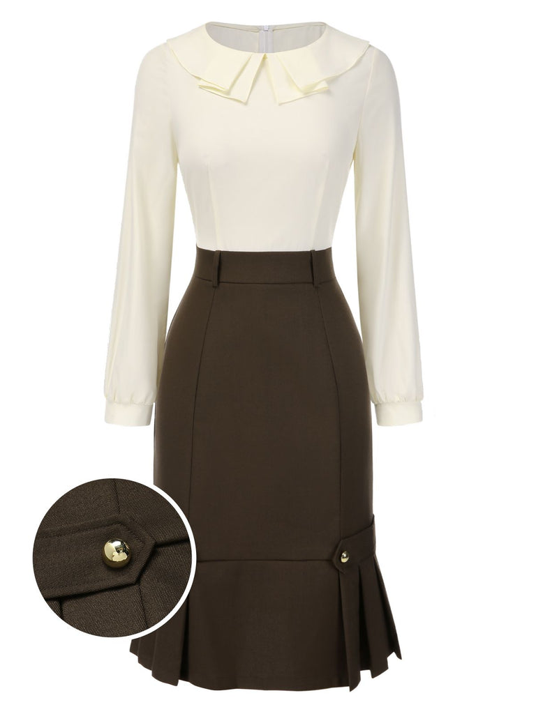 Robe crayon marron et col contrasté années 1960