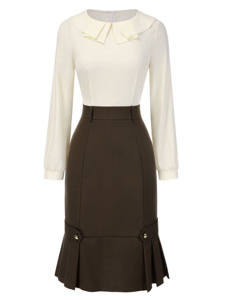 Robe crayon marron et col contrasté années 1960