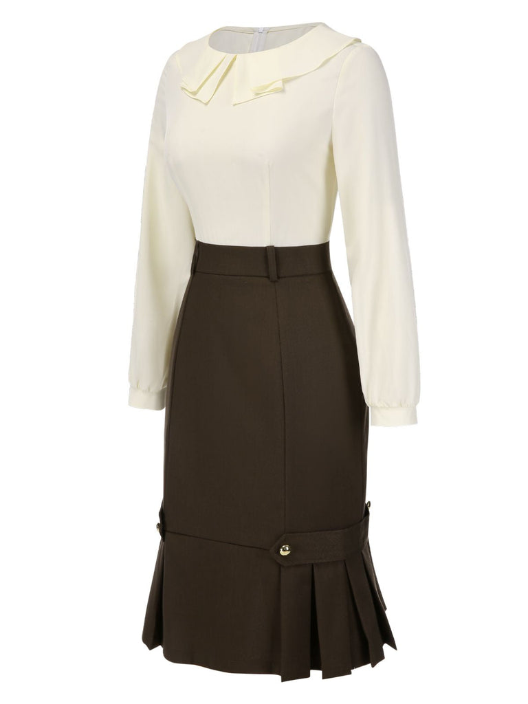 Robe crayon marron et col contrasté années 1960