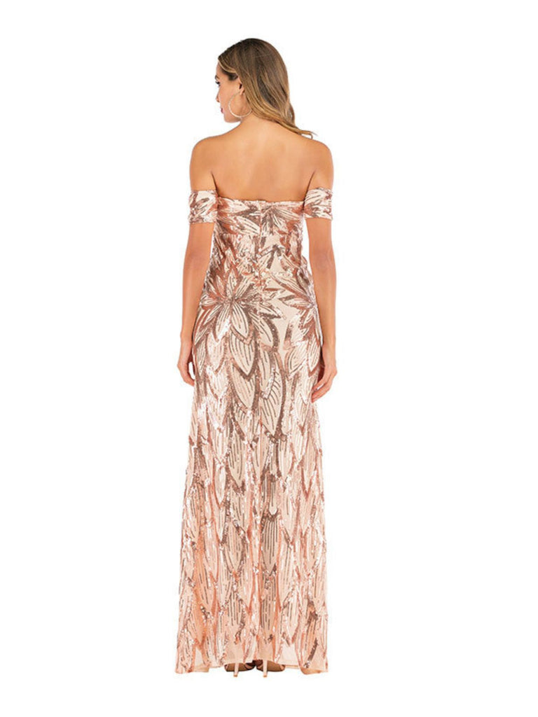 Robe champagne à épaules dénudées à paillettes et fleurs années 1920