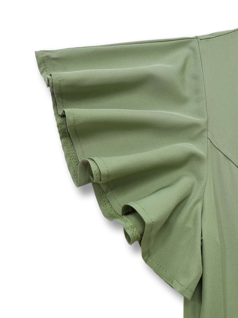 Robe unie à manches évasées et en V profond années 1940