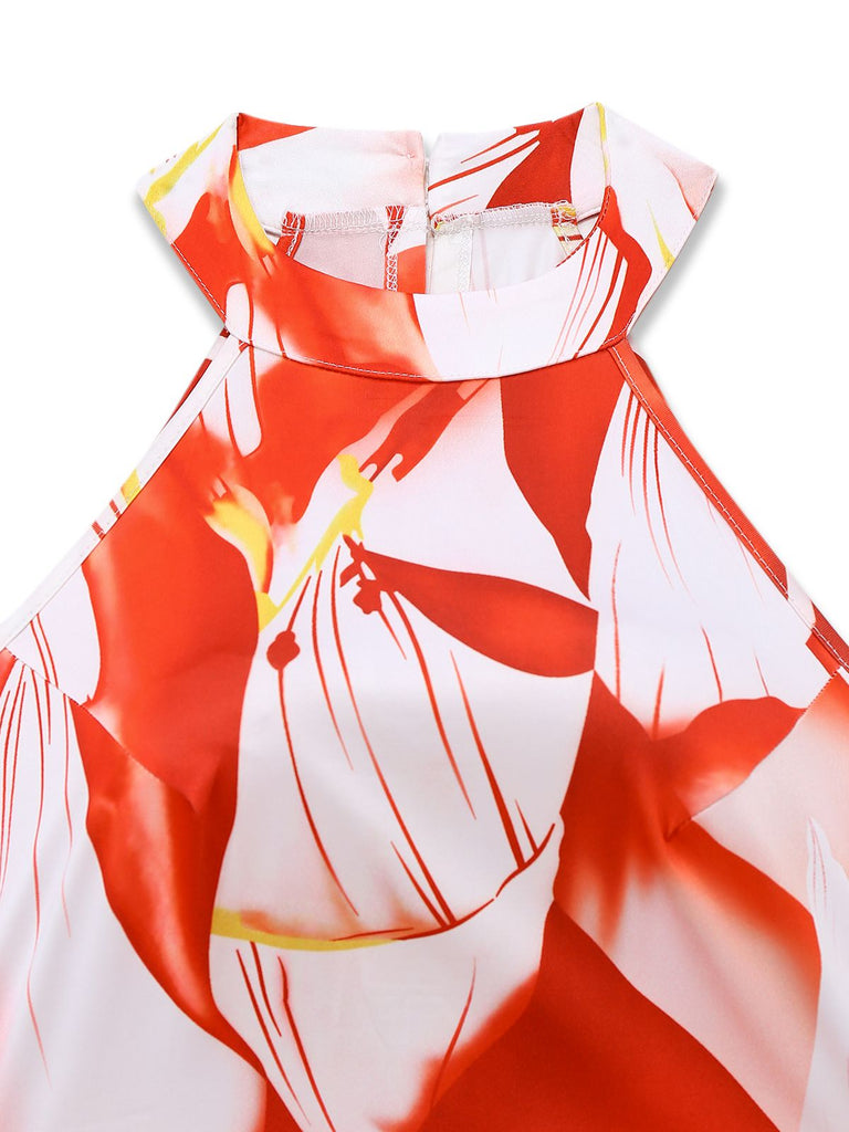 Combinaison rouge sans manches imprimés de fleurs abstraites avec ceinture années 1930